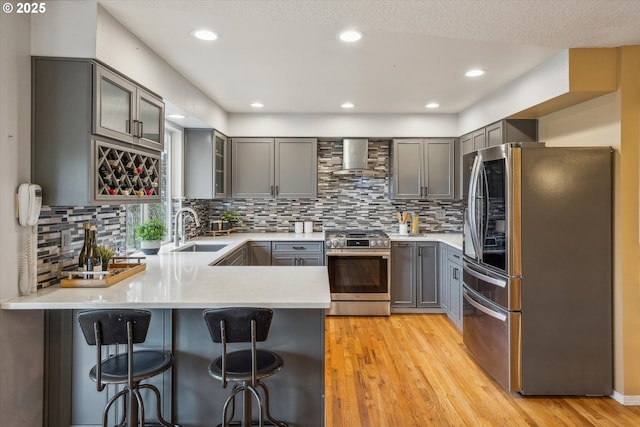 213 Hidalgo St, Lake Oswego, OR 97035 - kitchen featuring stainless steel appliances, gray cabinets, a sink, and recessed lighting