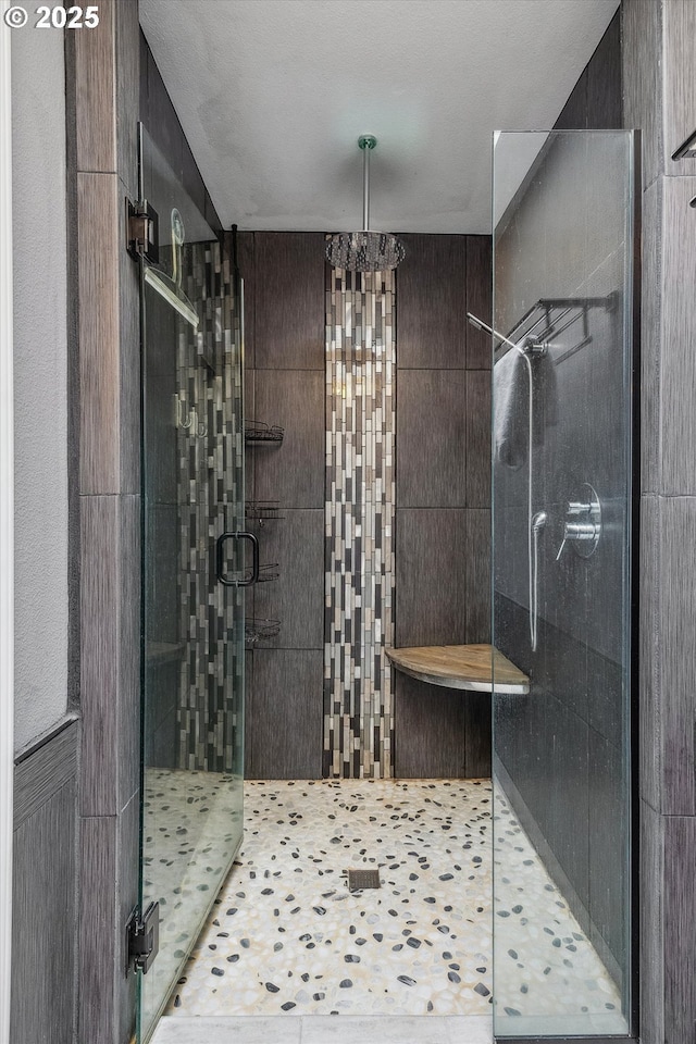 213 Hidalgo St, Lake Oswego, OR 97035 - bathroom featuring a shower stall and a chandelier