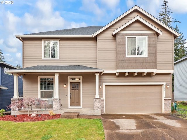 1725 NE Currin Creek Dr, Estacada, OR 97023 - craftsman inspired home with concrete driveway, stone siding, covered porch, a front yard, and an attached garage