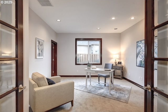 view of carpeted home office