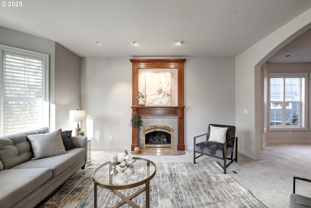 living room featuring a tiled fireplace and carpet floors