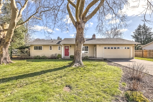 ranch-style home featuring driveway, a front lawn, fence, an attached garage, and a chimney