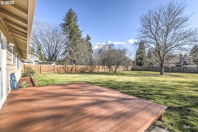 wooden deck with a yard and a fenced backyard