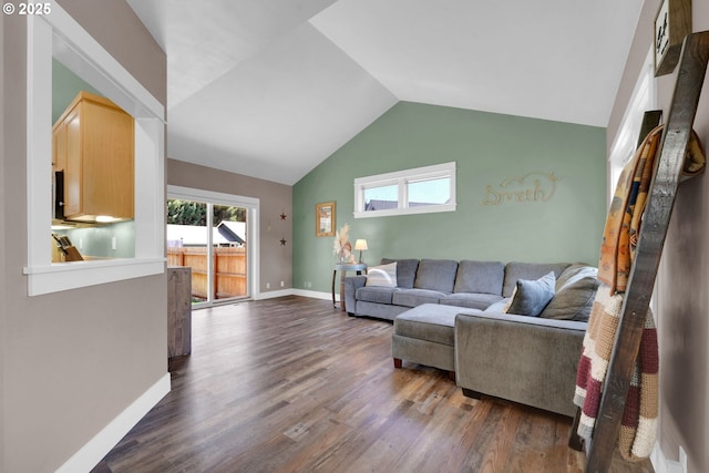 930 Kristen Way, Cottage Grove, OR 97424 - living room with baseboards, dark wood finished floors, and high vaulted ceiling