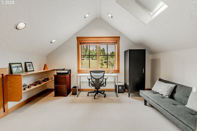 carpeted office space featuring a textured ceiling, vaulted ceiling, baseboards, and recessed lighting