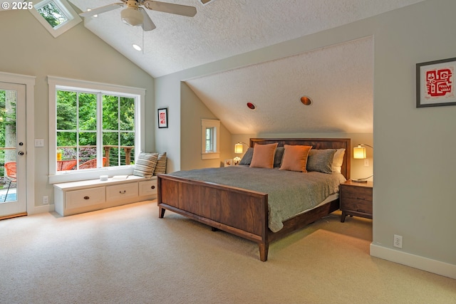 bedroom featuring lofted ceiling, access to exterior, a textured ceiling, carpet floors, and baseboards