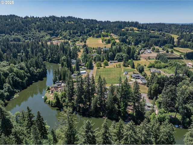 aerial view of property's location featuring a forest and a nearby body of water