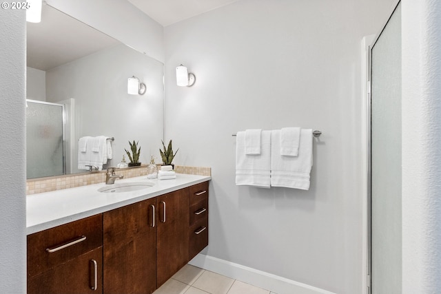 12842 Boones Ferry Rd, Lake Oswego, OR 97035 - bathroom with vanity, backsplash, a stall shower, tile patterned flooring, and baseboards
