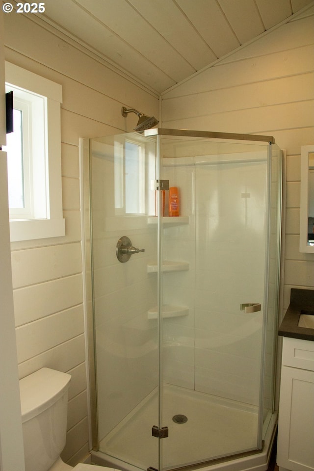 bathroom with toilet, a stall shower, and wooden walls