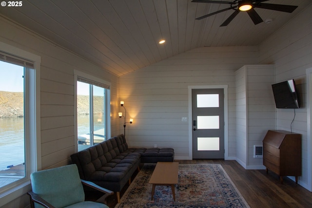 living room featuring visible vents, ceiling fan, wood ceiling, wood finished floors, and vaulted ceiling