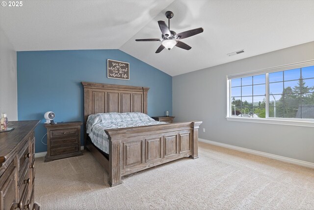 16436 Visionary Ct, Oregon City, OR 97045 - bedroom featuring light colored carpet, lofted ceiling, baseboards, and a ceiling fan