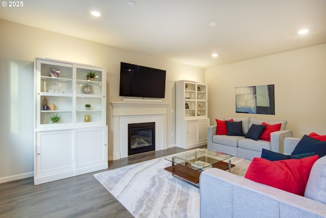 living room with a glass covered fireplace, baseboards, recessed lighting, and wood finished floors