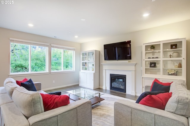 living area with recessed lighting, baseboards, a glass covered fireplace, and wood finished floors
