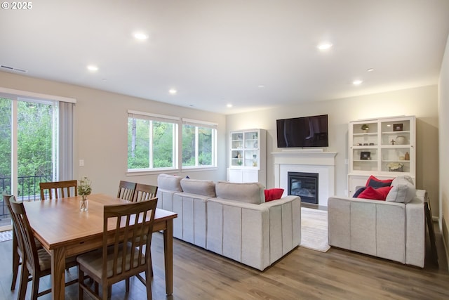 living area featuring visible vents, a glass covered fireplace, plenty of natural light, and wood finished floors