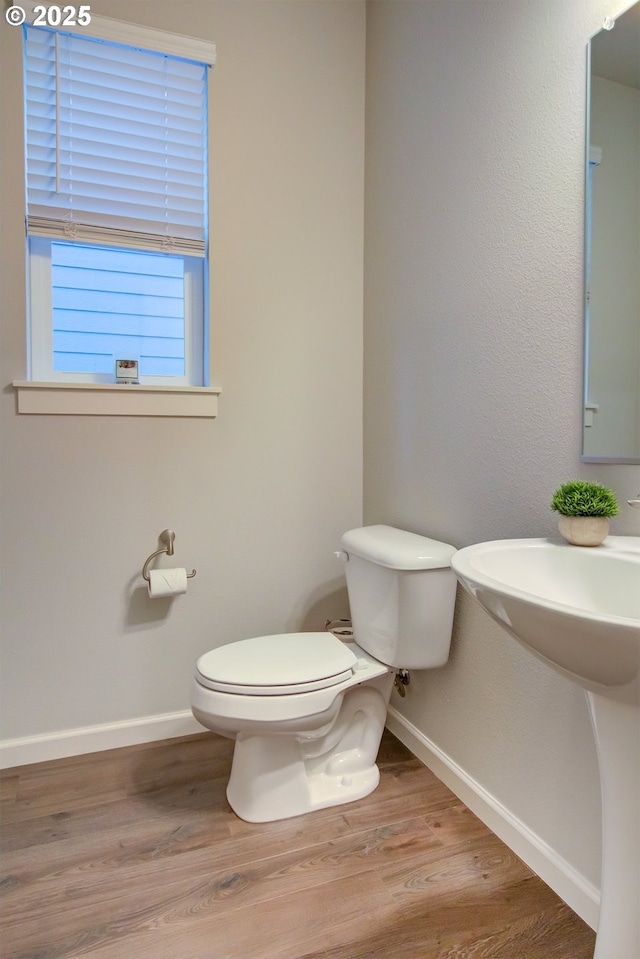 bathroom with toilet, baseboards, and wood finished floors