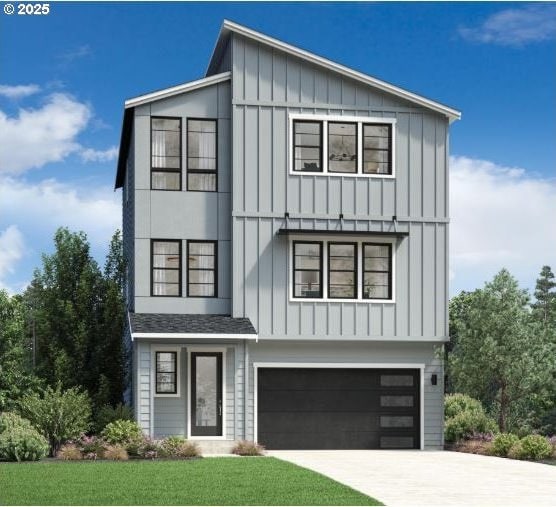 view of front facade with an attached garage, board and batten siding, a front yard, and concrete driveway
