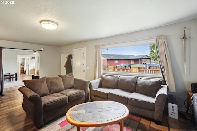 living room with wood-type flooring and a textured ceiling