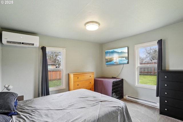 carpeted bedroom featuring a baseboard radiator and a wall unit AC