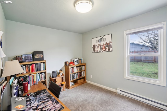 interior space with a baseboard radiator and carpet flooring