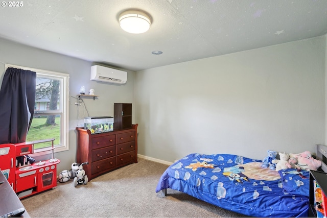 carpeted bedroom featuring a wall mounted AC