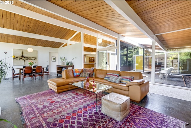 living room featuring wooden ceiling, vaulted ceiling with beams, and speckled floor