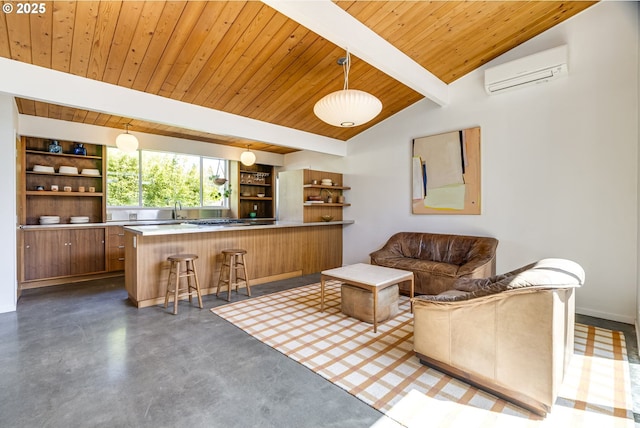 living room with vaulted ceiling with beams, finished concrete flooring, a wall unit AC, and wooden ceiling