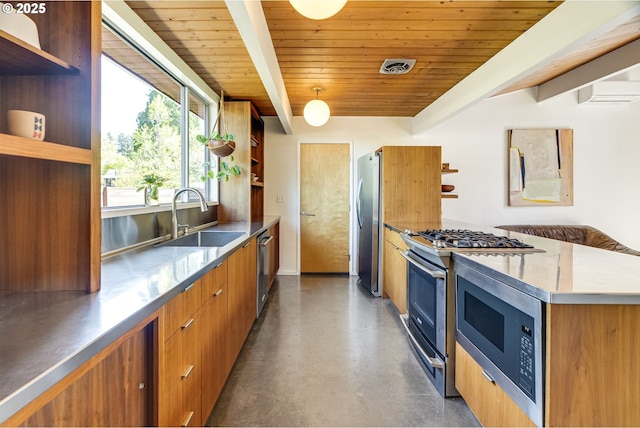 kitchen featuring open shelves, a sink, modern cabinets, and stainless steel counters