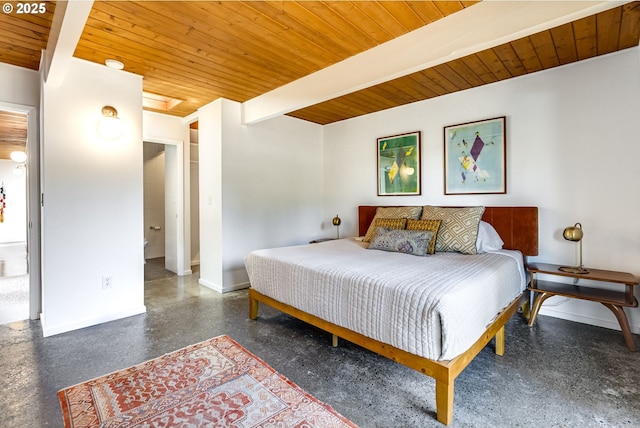 bedroom with baseboards, wood ceiling, and beam ceiling