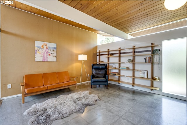 living area with concrete flooring and wooden ceiling