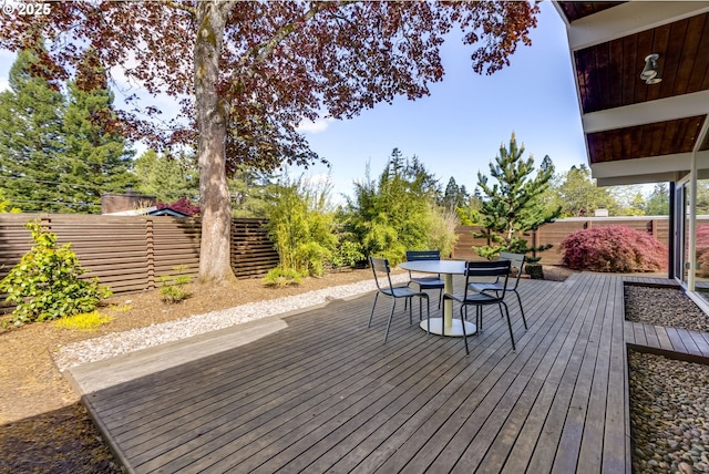 wooden terrace with a fenced backyard and outdoor dining space