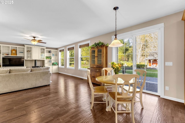 dining room with ceiling fan and dark wood-type flooring