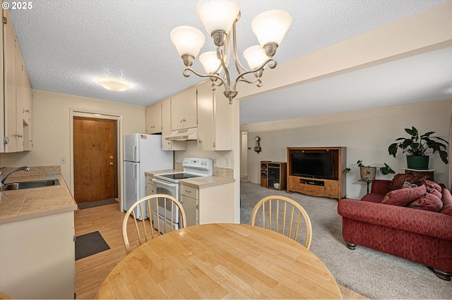 12841 SE Stark St Unit A19, Portland, OR 97233 - kitchen featuring white appliances, a sink, open floor plan, under cabinet range hood, and a textured ceiling