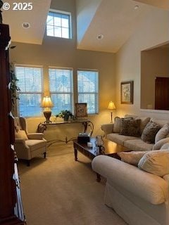 living room with a towering ceiling