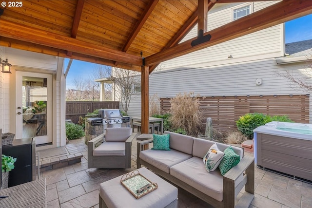 sunroom / solarium with wooden ceiling and vaulted ceiling with beams