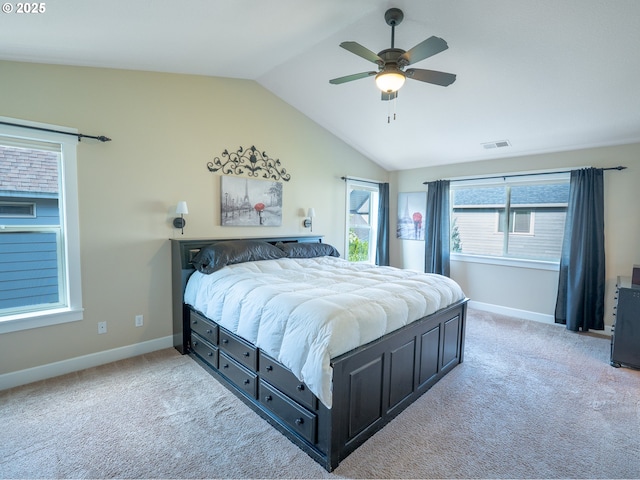 14988 SE Glenbrook Rd, Clackamas, OR 97015 - bedroom featuring light colored carpet, vaulted ceiling, and ceiling fan