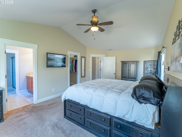 14988 SE Glenbrook Rd, Clackamas, OR 97015 - bedroom featuring lofted ceiling, light carpet, a walk in closet, connected bathroom, and a ceiling fan