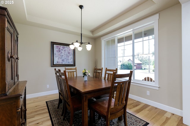 11862 White Ln, Oregon City, OR 97045 - dining room featuring a tray ceiling, light wood-style flooring, and a chandelier
