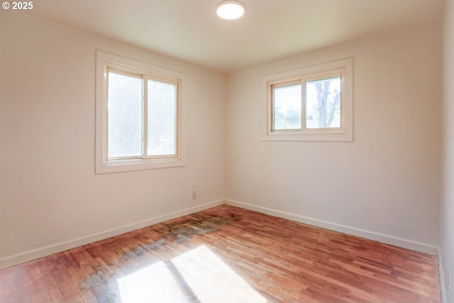 spare room with baseboards and wood finished floors