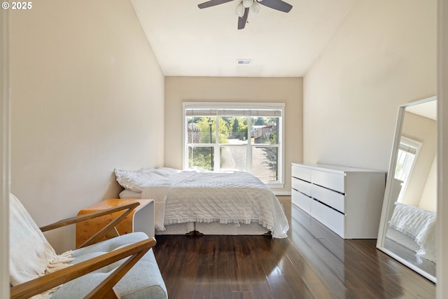 8996 SE Chloe Ln, Happy Valley, OR 97086 - bedroom with multiple windows, lofted ceiling, dark wood-style flooring, and a ceiling fan