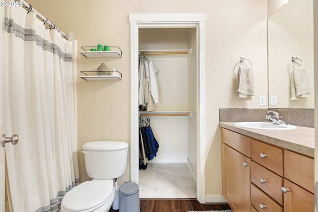 8996 SE Chloe Ln, Happy Valley, OR 97086 - full bath featuring toilet, vanity, marble finish floors, baseboards, and curtained shower
