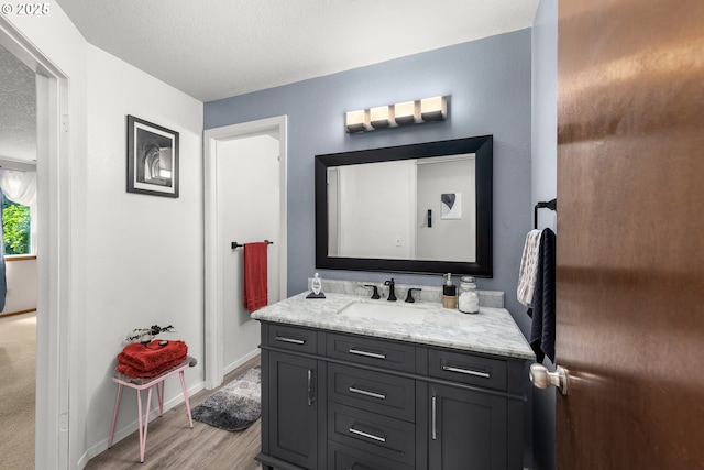 14805 SW 109th Ave, Portland, OR 97224 - bathroom with vanity, a textured ceiling, wood finished floors, and baseboards