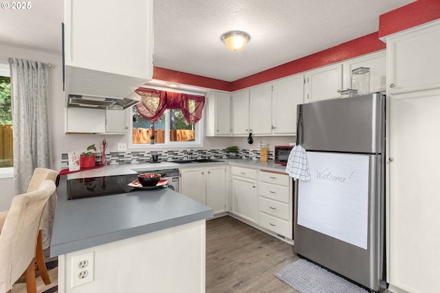 14805 SW 109th Ave, Portland, OR 97224 - kitchen featuring appliances with stainless steel finishes, a peninsula, plenty of natural light, light wood-style floors, and a textured ceiling