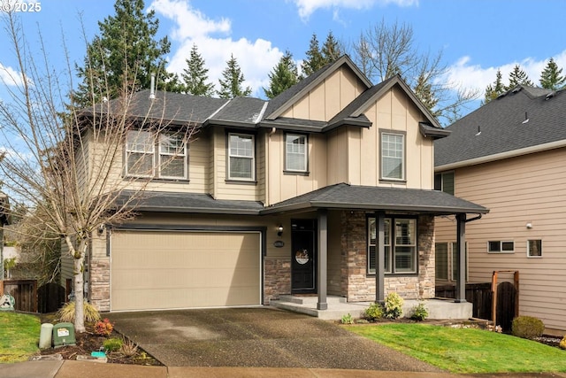 view of front facade featuring board and batten siding, a shingled roof, aphalt driveway, a garage, and stone siding