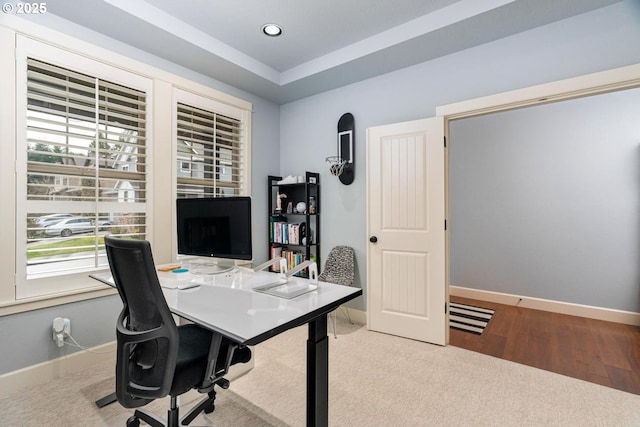 office area with recessed lighting, baseboards, and wood finished floors