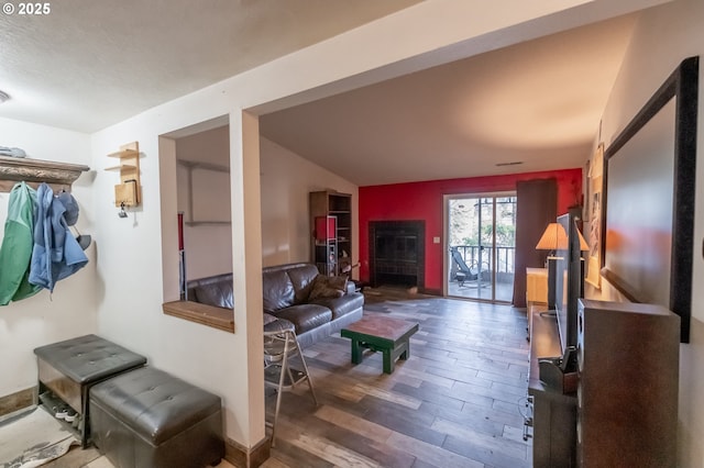 living room with dark hardwood / wood-style floors