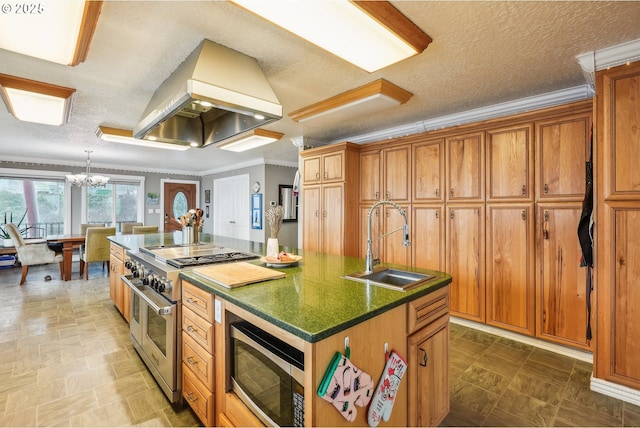 kitchen with sink, crown molding, appliances with stainless steel finishes, ventilation hood, and an island with sink