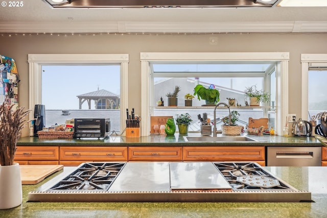 bar with gas cooktop, ornamental molding, dishwasher, and sink