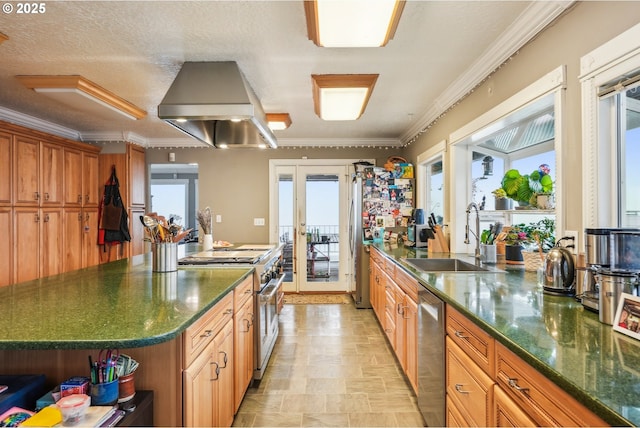 kitchen with appliances with stainless steel finishes, sink, island exhaust hood, ornamental molding, and a center island