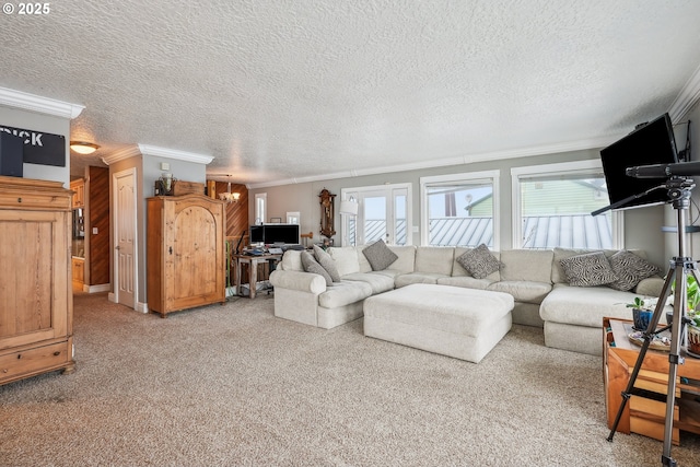 living room with carpet floors, ornamental molding, a textured ceiling, and plenty of natural light