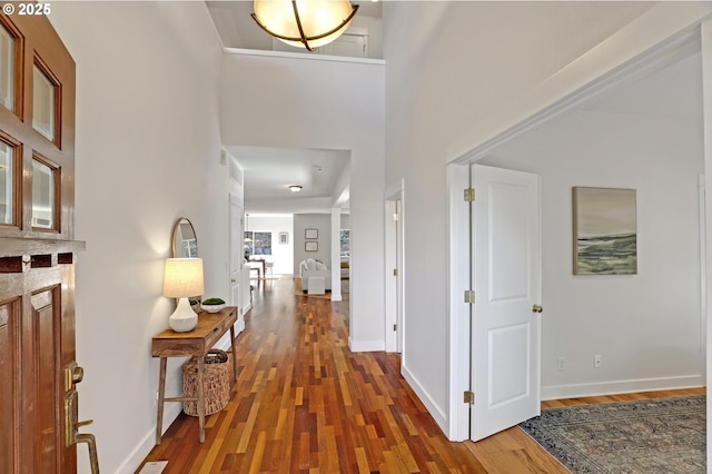 entrance foyer featuring a towering ceiling and dark wood-type flooring